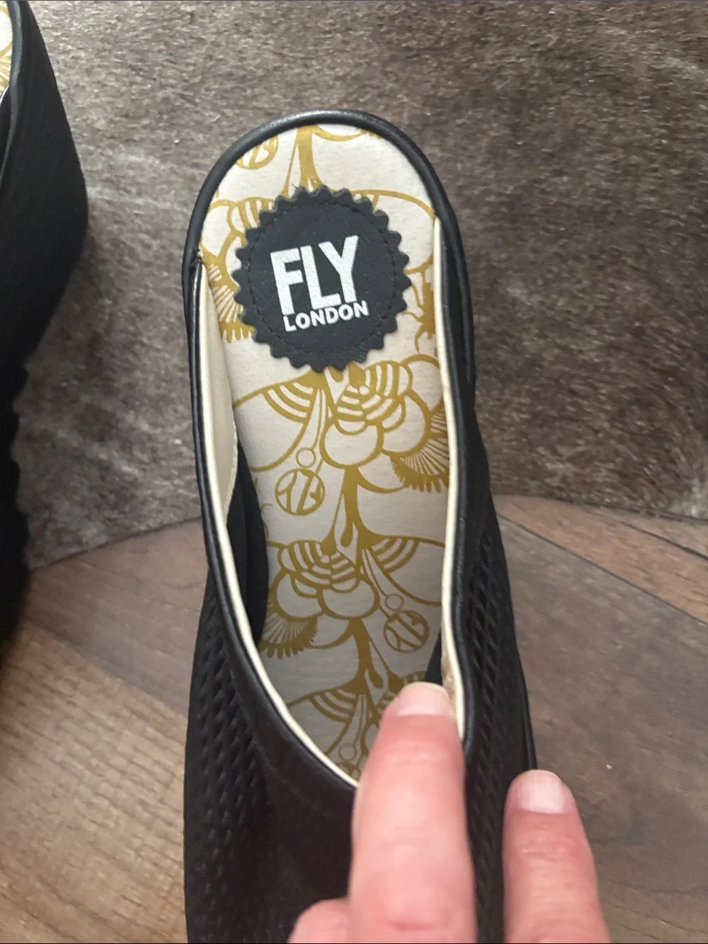 FLY London JAMB864FLY Black Leather Perforated Wedge 41 10-10.5 worn once